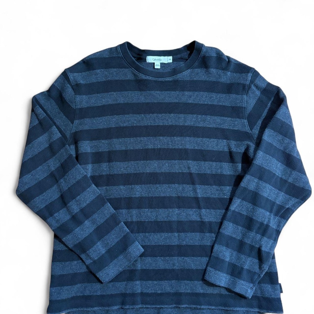 Calvin Klein Mens Striped Knit Crewneck Sweater Black Charcoal Gray XXL